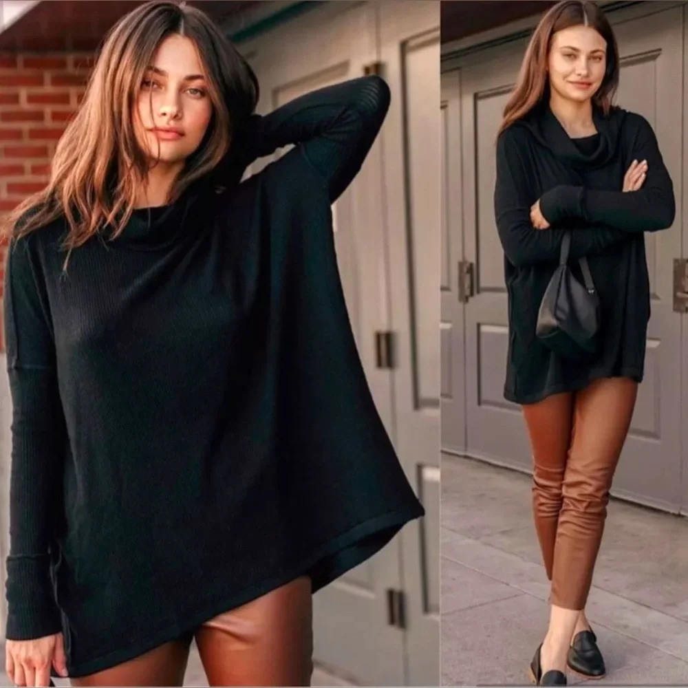 NWT Free People Juicy Long Sleeve Top Cowl Neck Thermal Oversized Open Back blac - Picture 1 of 11